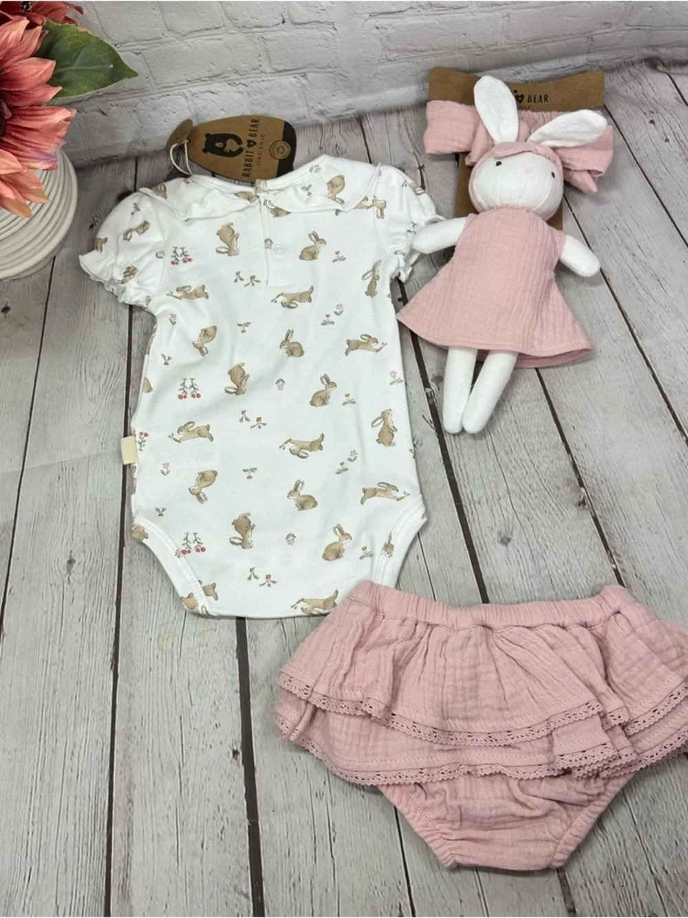 NWT Rabbit & Bear 4pc Set bodysuit bottoms headband & bunny doll cottagecore